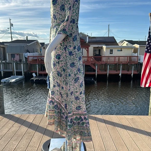 Blue and White Ruffled Midi Sundress with Plunge Neckline - Picture 11 of 16